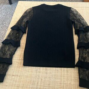 VALENTINO Ruffle trimmed Lace and Ribbed knit Sweater in Black
